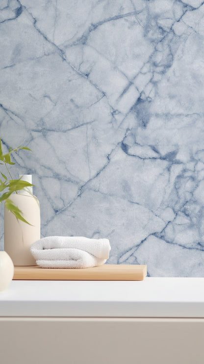 Icy Blue Marble Mural Wallpaper in bathroom