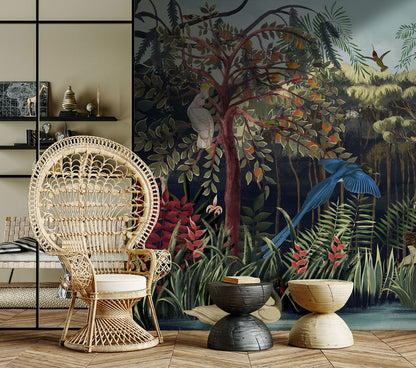 Lush Tropical Jungle Wildlife Wallpaper in living room
