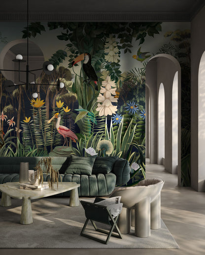 Lush Tropical Jungle Wildlife Wallpaper in living room