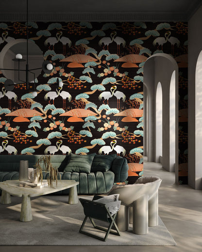 Elegant Cranes & Lotus Mural Wallpaper in living room