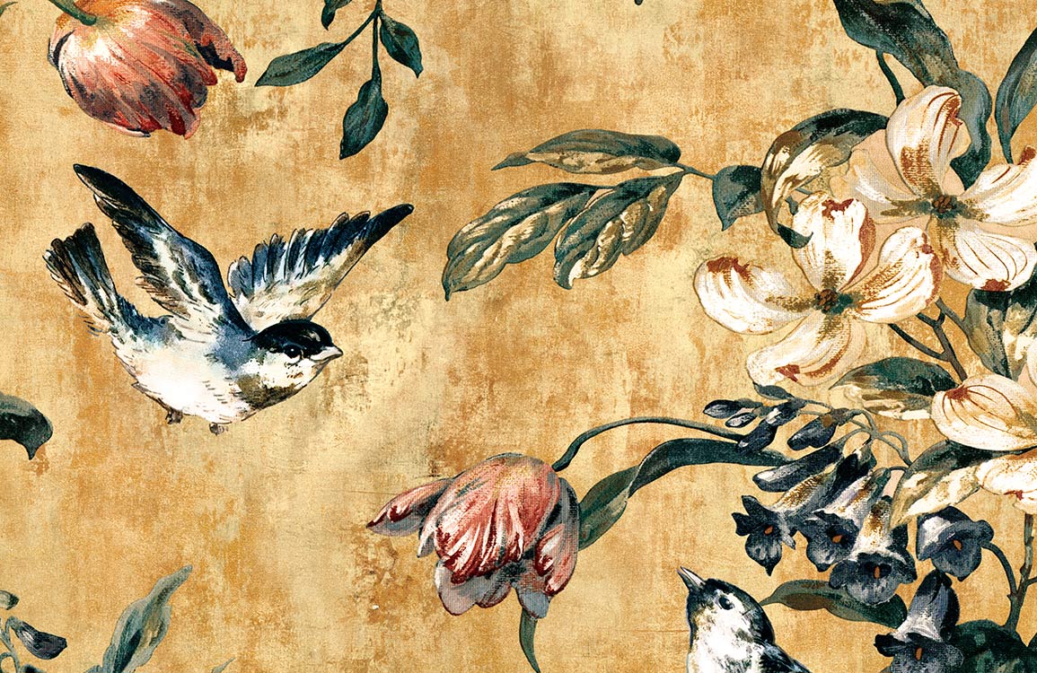 Vintage Bird Floral Gold Mural Wallpaper