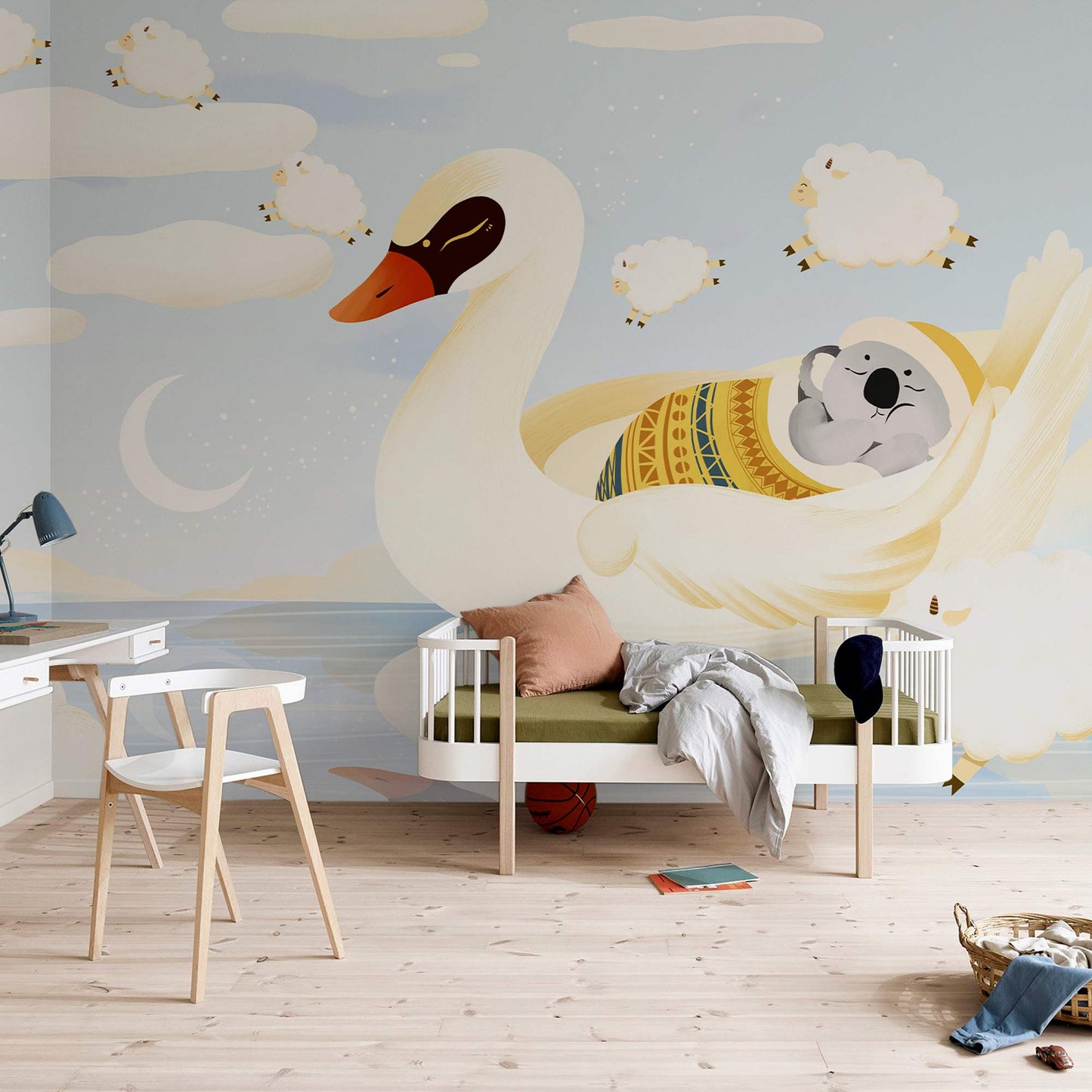 Whimsical Swan Cloud Nursery Mural Wallpaper