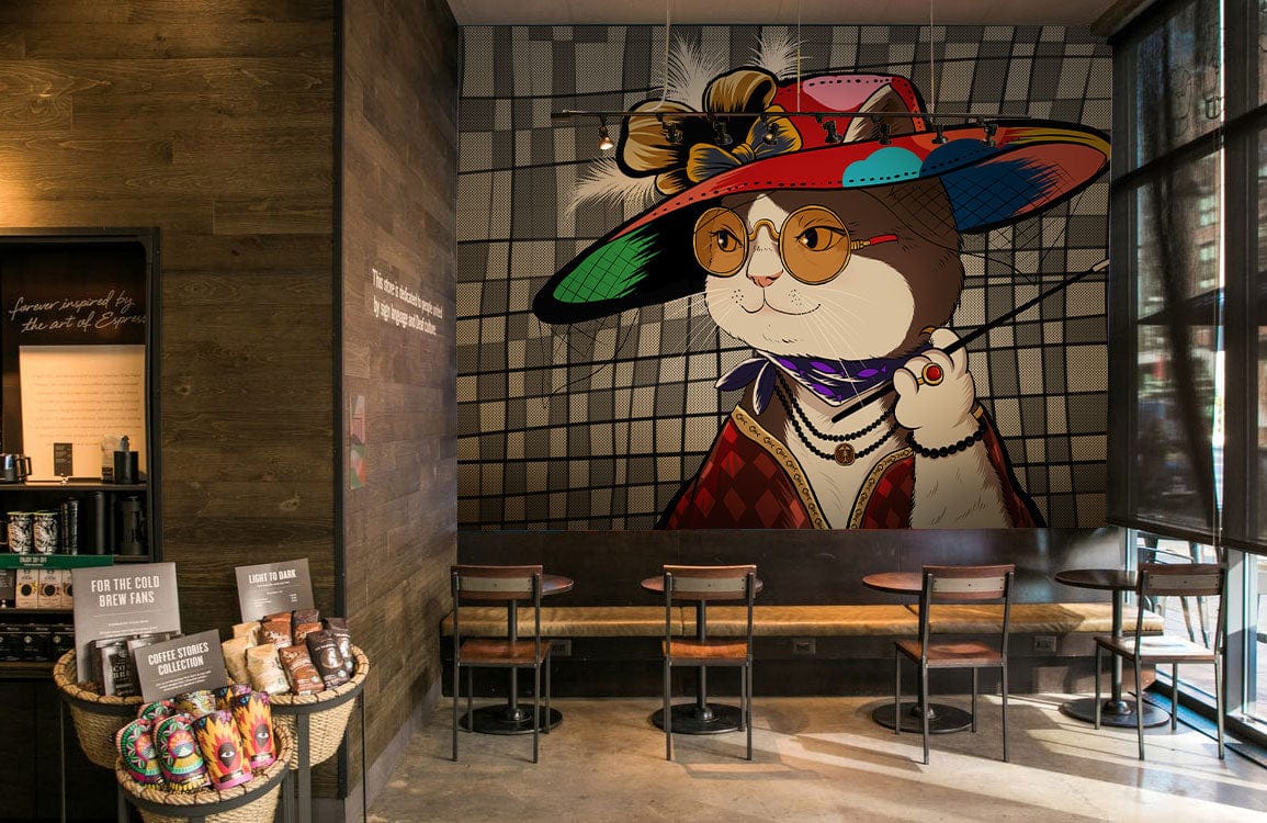 Mural Wallpaper in the Shape of a Fashionable Woman Cat, Suitable for Restaurant Decoration