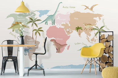 Dinosaur World Map Kids Wallpaper in playroom