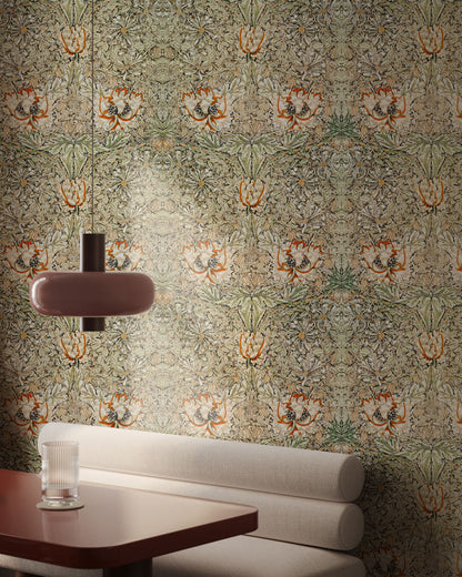 Antique Floral Tapestry Mural Wallpaper in dining room
