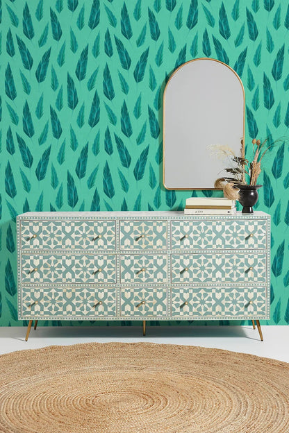 For hallway design, use green feather wallpaper mural.