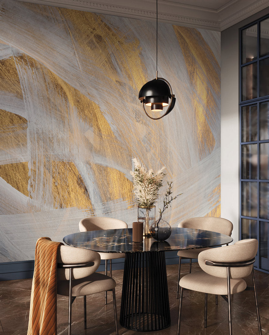 Golden Brushstroke Mural Wallpaper in dining room