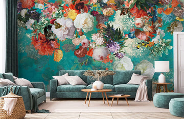 Vibrant Botanical Teal Floral Mural Wallpaper