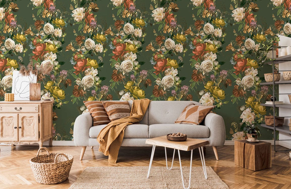 Vintage Floral Bouquet Green Mural Wallpaper