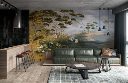 wallpaper mural of a vintage oil painting of flowers for the inside of a home