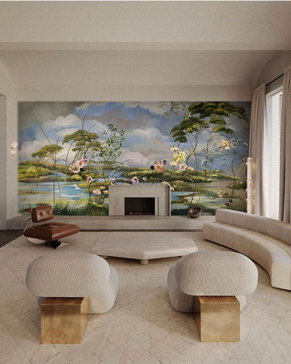 wallpaper mural featuring a vintage flower on a marsh scene for use in decorating a living room