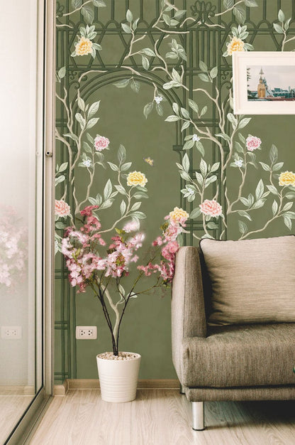 Flower Vines Fence Wallpaper Mural for the Decoration of the Living Room