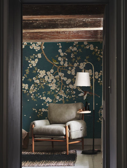 Mural with Flower Vines on Jasper Wallpaper Used for Hallway Decorations