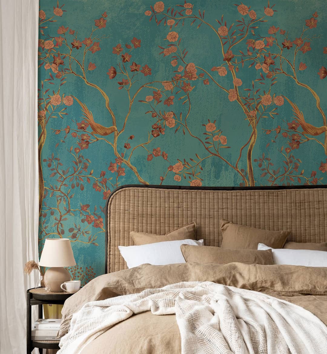 Vintage Blue Floral Bird Mural Wallpaper