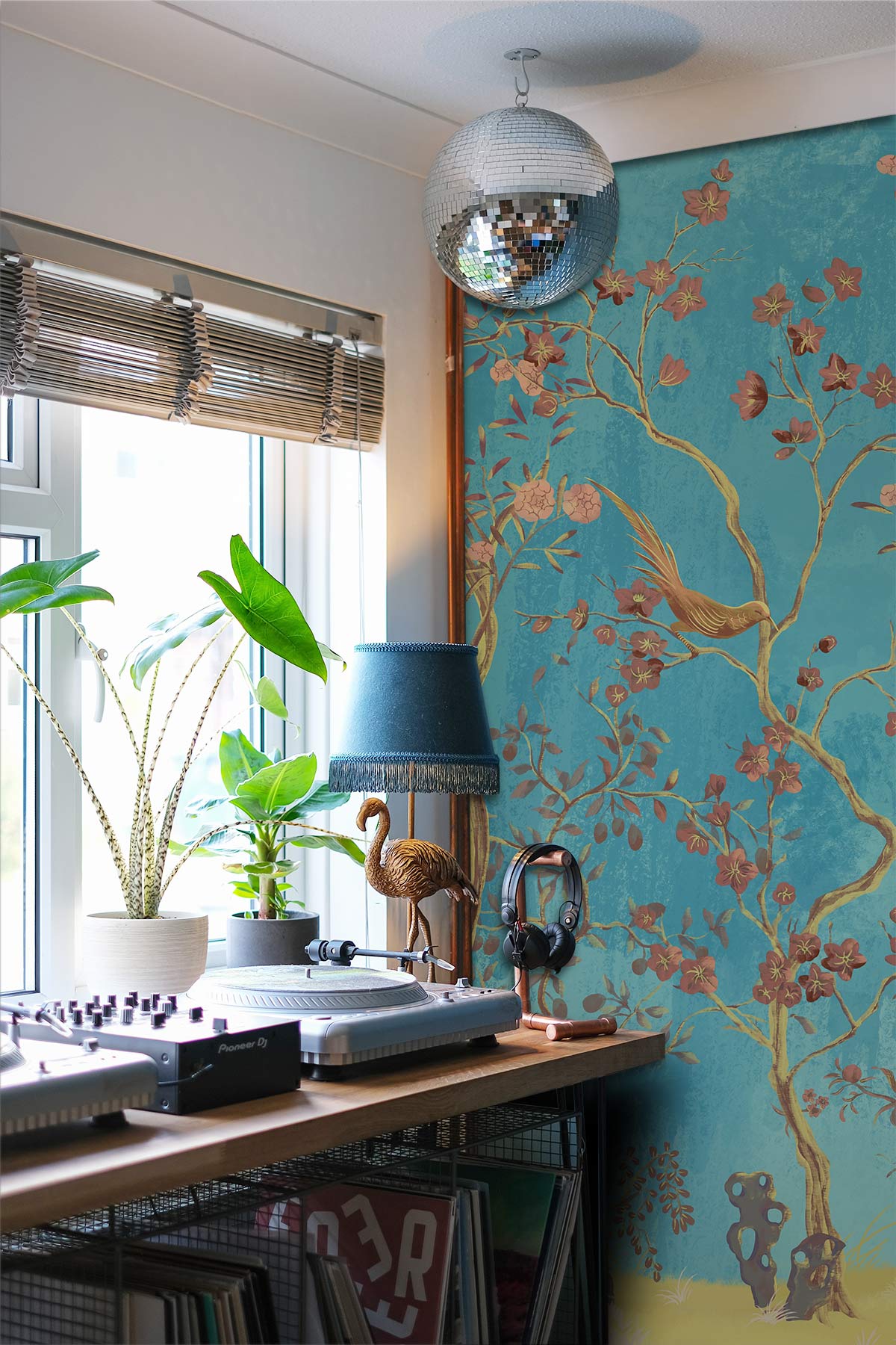 Vintage Blue Floral Bird Mural Wallpaper