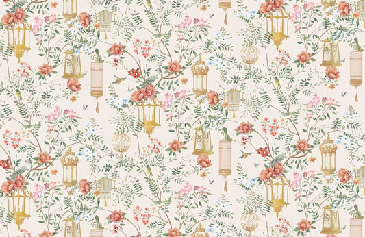 Flowers & Birdcage Bright Wallpaper Art Design