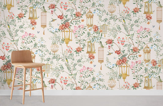 Flowers & Birdcage Pattern Pink Wallpaper Room