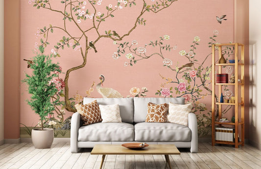 Elegant Pink Chinoiserie Floral Mural Wallpaper