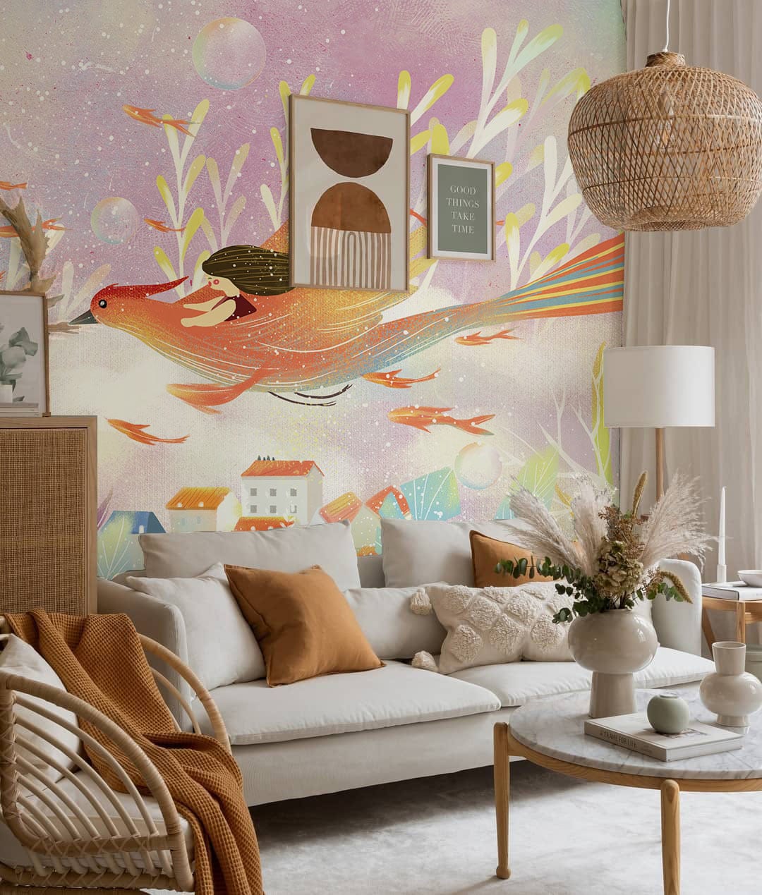 Whimsical Bird Flight Fantasy Mural Wallpaper