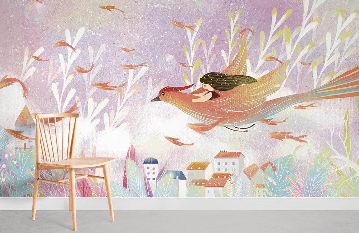 Whimsical Bird Flight Fantasy Mural Wallpaper