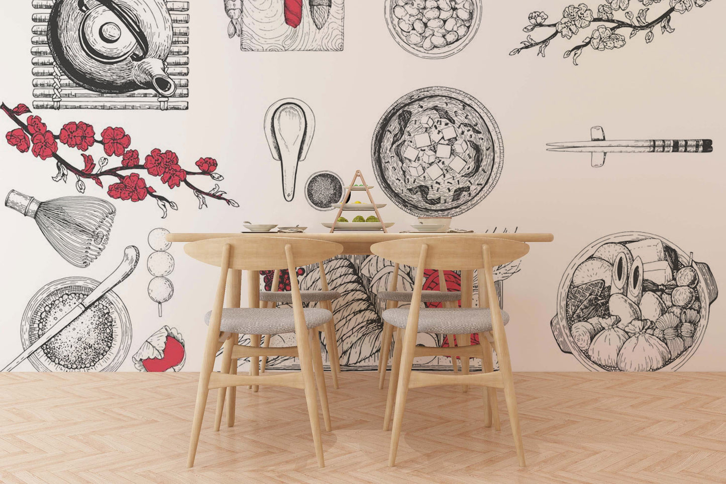 Wallpaper mural with a dish pattern effect in the kitchen