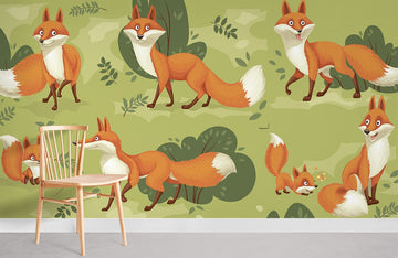 Charming Foxes Green Nursery Mural Wallpaper