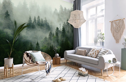 Misty Forest Green Nature Mural Wallpaper