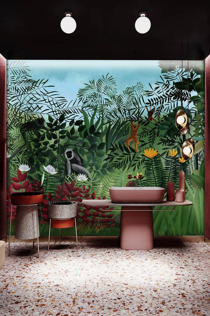 green forest orangutan wallpaper for bathroom