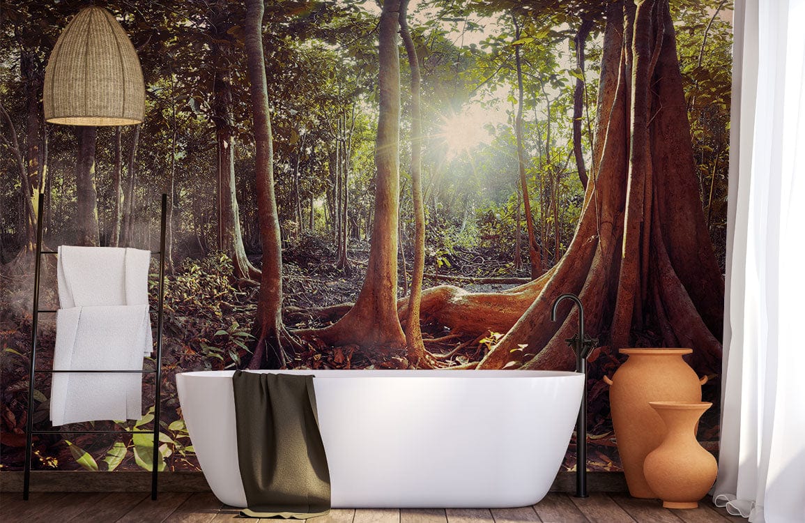 Sunlit Forest Panorama Mural Wallpaper