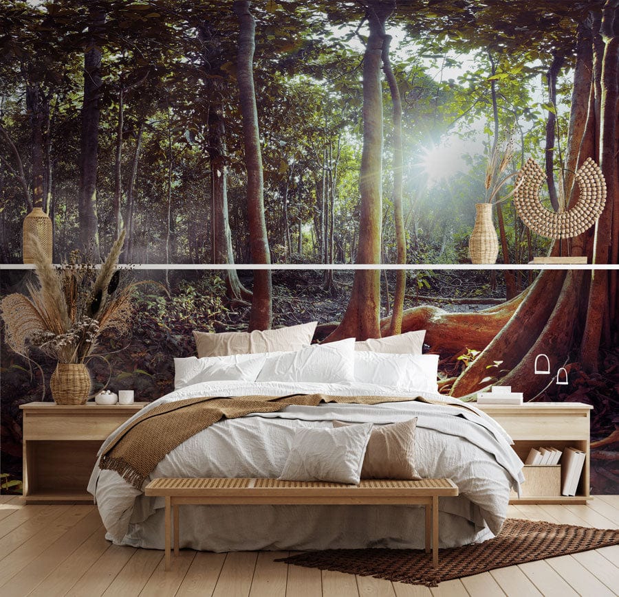 Sunlit Forest Panorama Mural Wallpaper