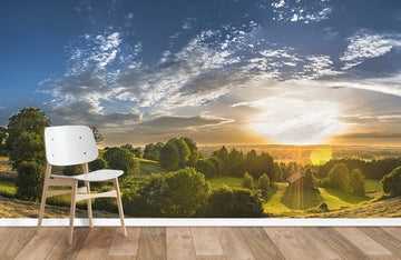 Papier Peint Panoramique Coucher de Soleil dans la Forêt