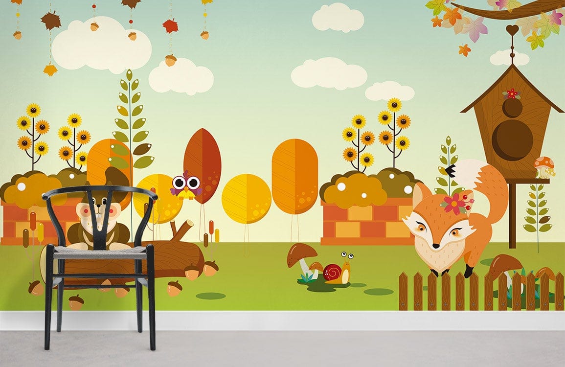 Cheerful Autumn Woodland Creatures Kids Wallpaper Mural