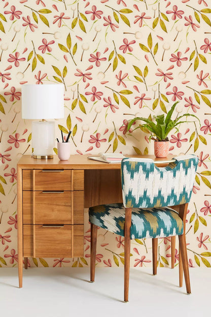 A wallpaper mural of fresh leaves for the home office.