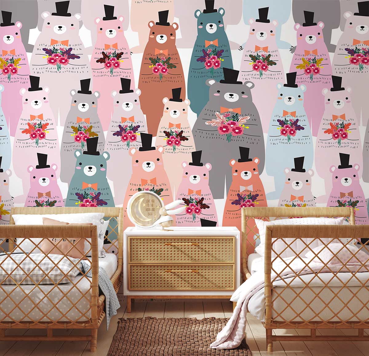 Colorful Bear Floral Nursery Mural Wallpaper