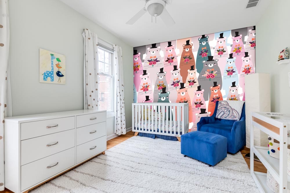 Colorful Bear Floral Nursery Mural Wallpaper