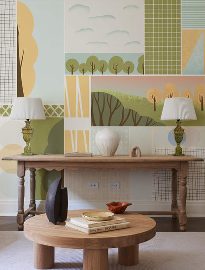 Fresh Oil Painting Forest Wallpaper Mural in living room