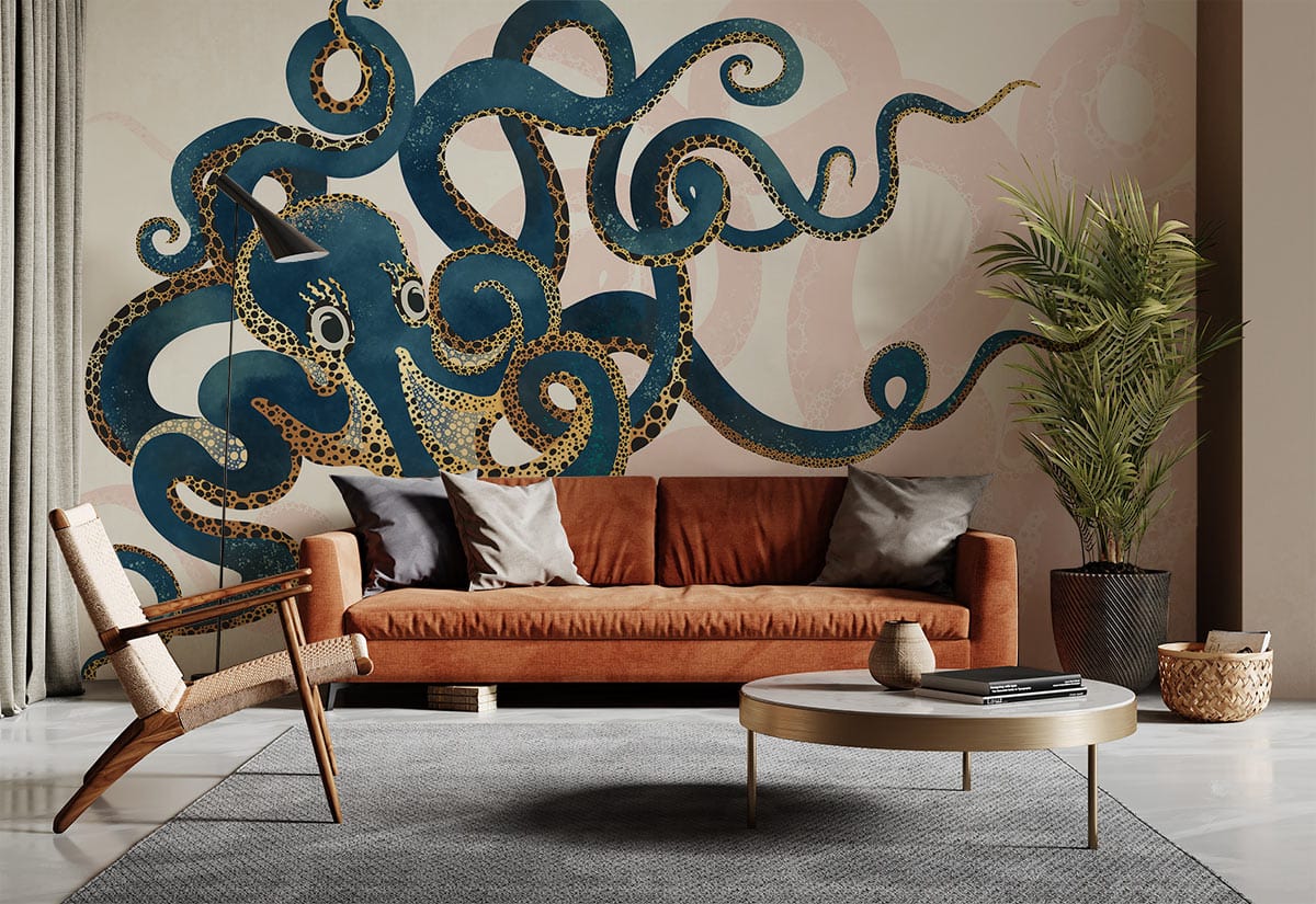 Nautical Octopus Navy Gold Mural Wallpaper