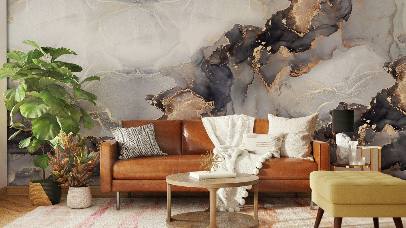 Luxurious Gold and Grey Marble Effect Mural, leather sofa, modern decor, living room setting.