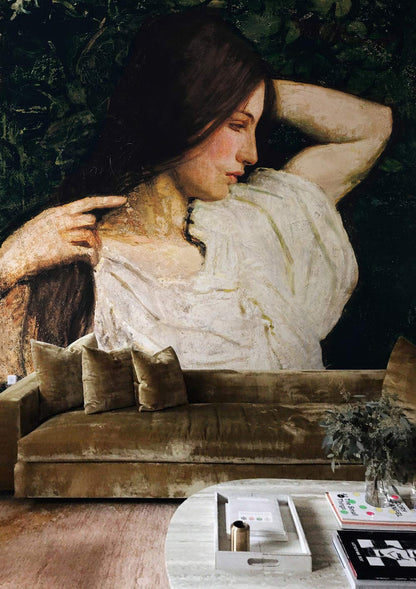 Wallpaper mural depicting a girl doing her hair, shown in the living room