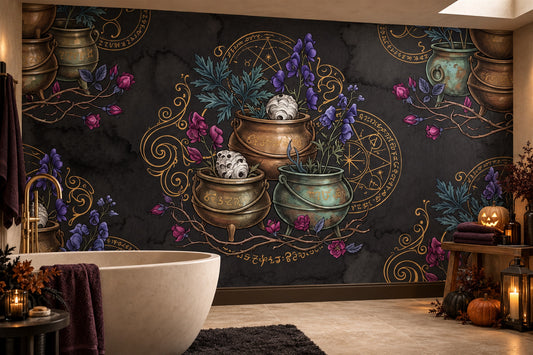 Magic Cauldrons Flowers Moths and Celestial Symbols Halloween Wallpaper Mural - image 1