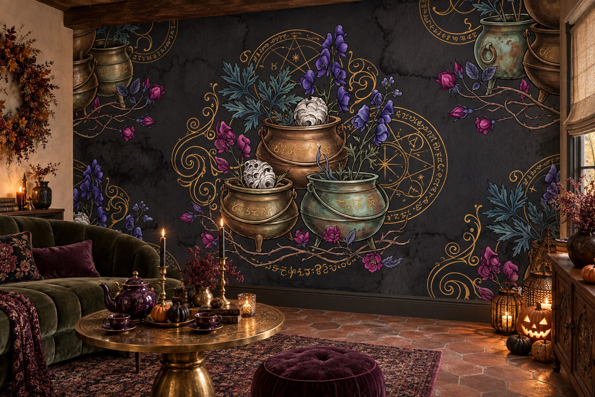 Magic Cauldrons Flowers Moths and Celestial Symbols Halloween Wallpaper Mural - image 4