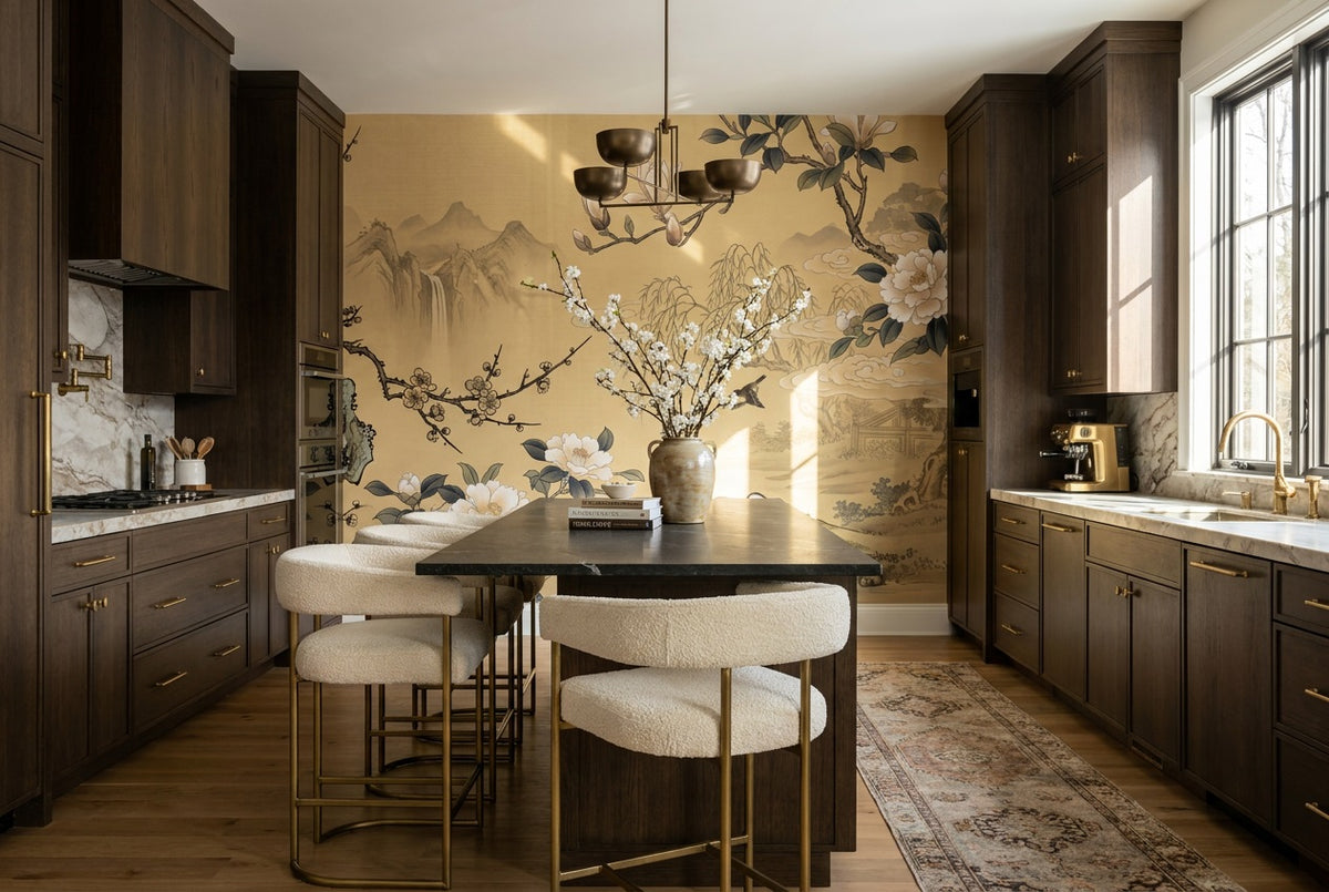 Gold Floral Garden Chinoiserie Wallpaper Mural - 4