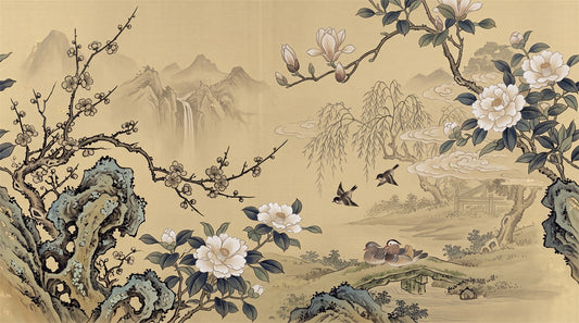 Gold Floral Garden Chinoiserie Wallpaper Mural - 2