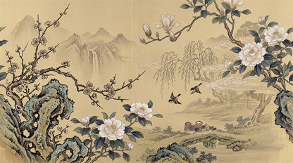 Gold Floral Garden Chinoiserie Wallpaper Mural - 2