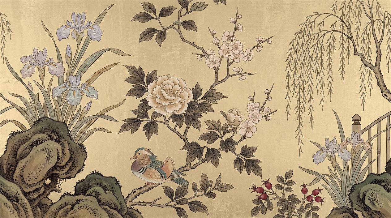 Gold Iris and Bird Chinoiserie Wallpaper Mural - 2