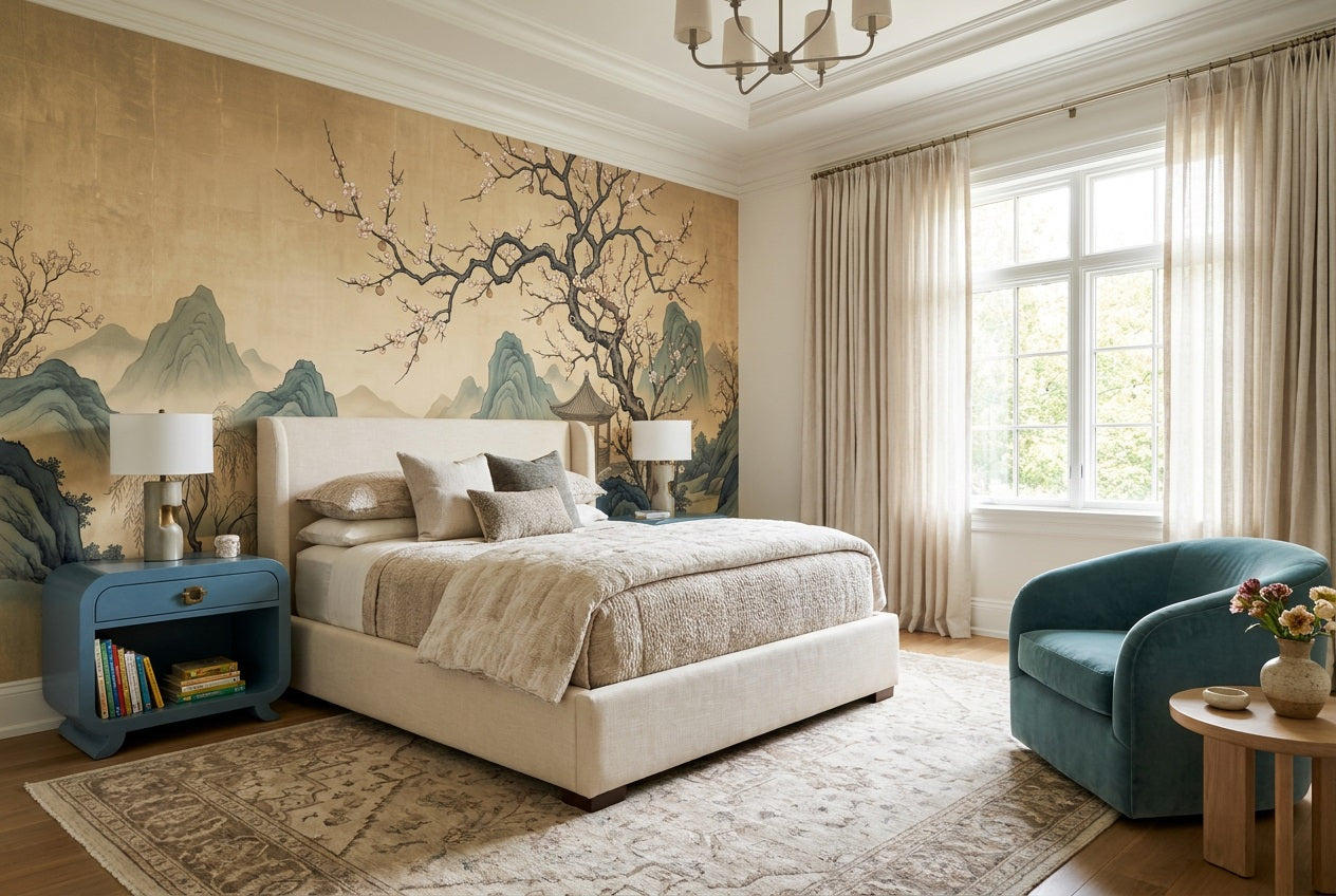 Gold Mountain Lake Chinoiserie Wallpaper Mural - 5