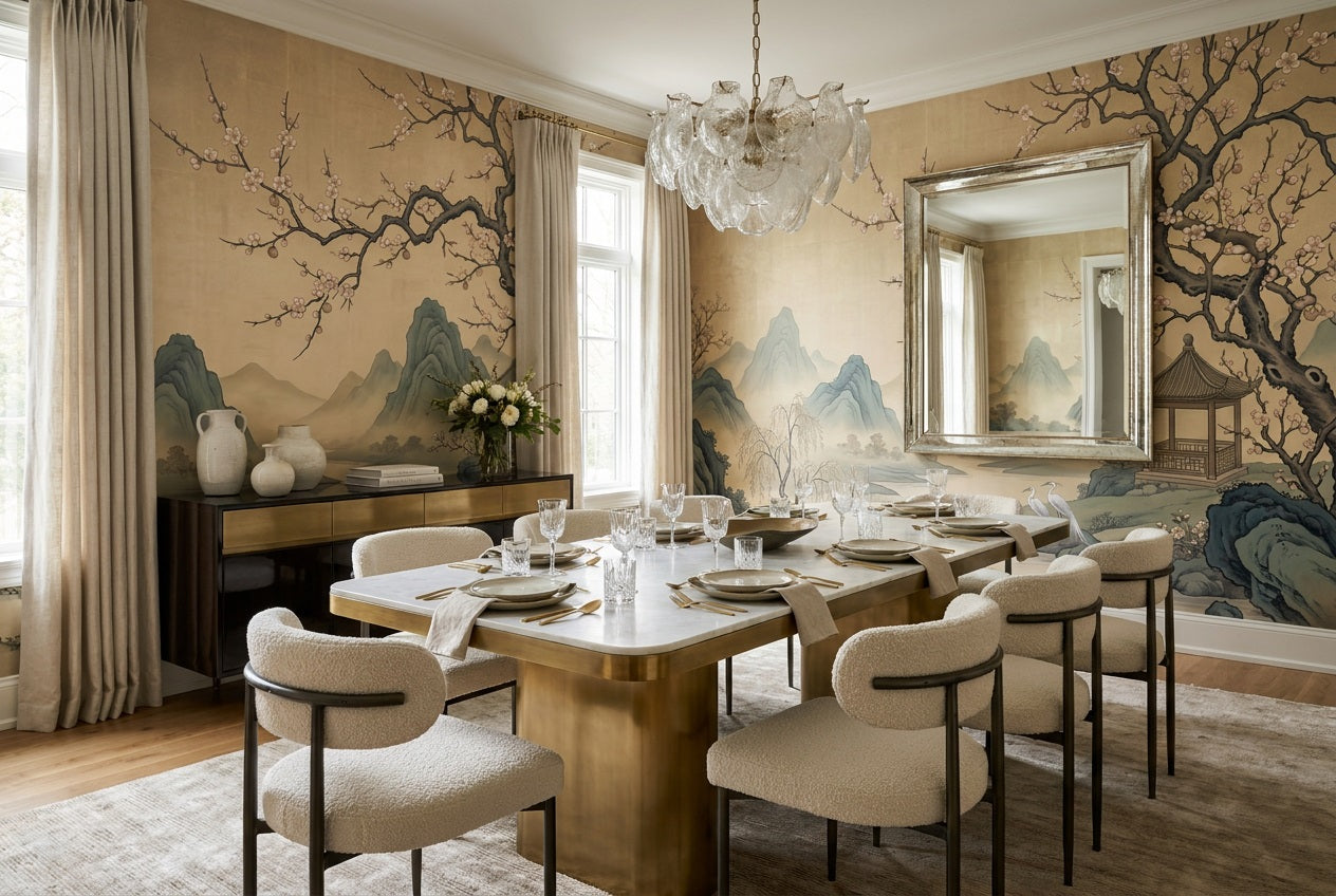 Gold Mountain Lake Chinoiserie Wallpaper Mural - 1
