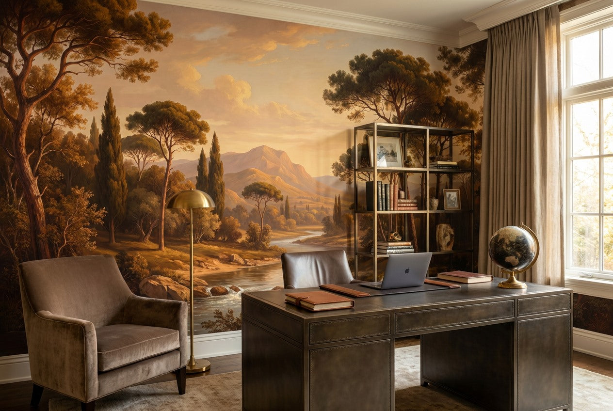 Golden Rustic Pine Landscape Wallpaper Mural interior setting