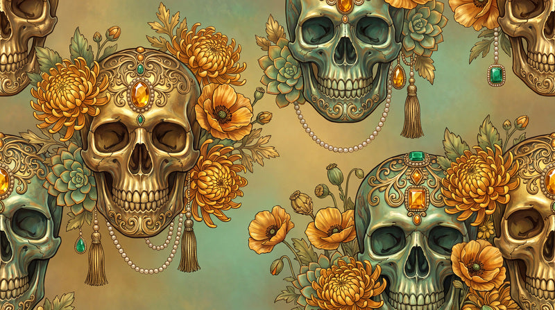 Ornate Skulls Marigolds and Tassels Halloween Wallpaper Mural