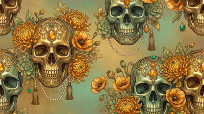 Ornate Skulls Marigolds and Tassels Halloween Wallpaper Mural - image 2